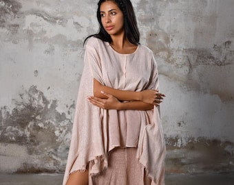 Powder Pink Boho Poncho Top - Boho Oversized Cotton Blouse