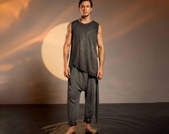 Charcoal Harem Pants: Men's Linen Cotton Boho Festival Trousers