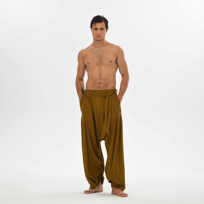 Brown harem pants for men, made from soft cotton, perfect for yoga, casual wear, and bohemian-inspired outfits.