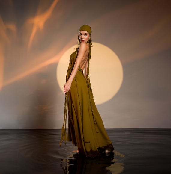 green emerald velvet dress Boho Embellished Nude Effect Gown with Sleeves