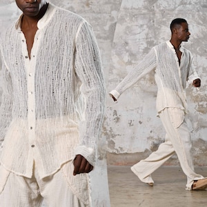 Handwoven cotton, unique raw texture. Elevate your style with this eco-friendly, versatile, elegant bohemian shirt. Craftsmanship by Turkish women tailors, perfect for all occasions. Gift For Him. Boho Men Shirt. Stylish Streetwear Men