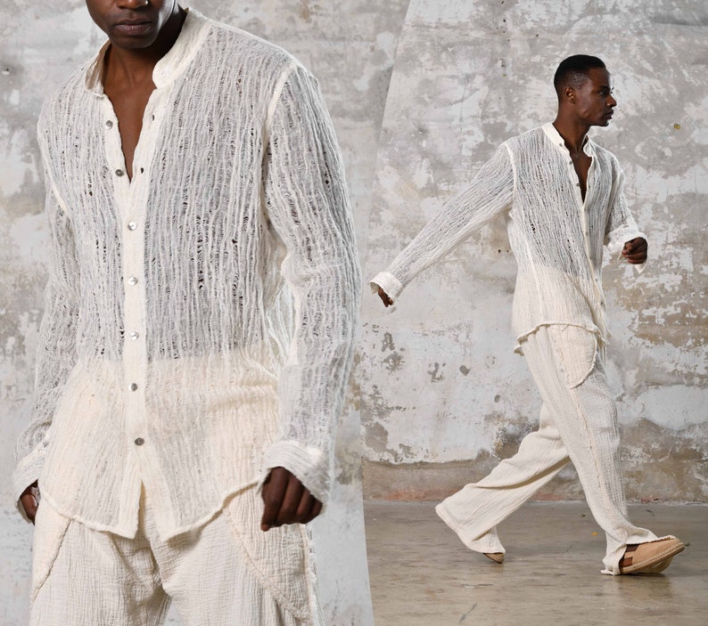 Handwoven cotton, unique raw texture. Elevate your style with this eco-friendly, versatile, elegant bohemian shirt. Craftsmanship by Turkish women tailors, perfect for all occasions. Gift For Him. Boho Men Shirt. Stylish Streetwear Men