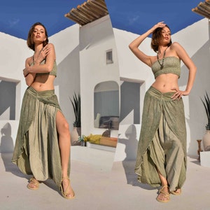 Elegant Khaki Green Skirt Trousers • Beach Shalwar Pants • Women Harem Slit Wide Leg Pants • Lounge Pants • Open Leg Trousers  • Boho Skirt