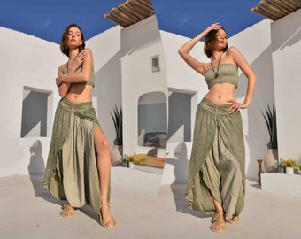 Elegant Khaki Green Skirt Trousers • Beach Shalwar Pants • Women Harem Slit Wide Leg Pants • Lounge Pants • Open Leg Trousers  • Boho Skirt