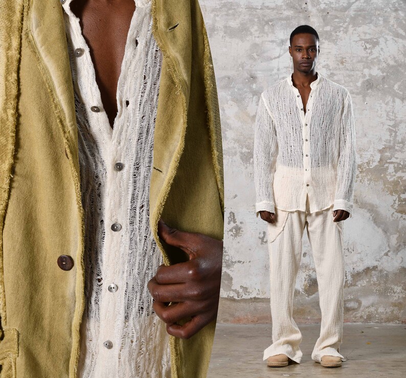 Handwoven cotton, unique raw texture. Elevate your style with this eco-friendly, versatile, elegant bohemian shirt. Craftsmanship by Turkish women tailors, perfect for all occasions. Gift For Him. Boho Men Shirt. Stylish Streetwear Men