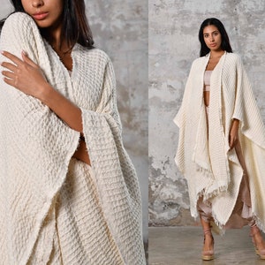 Festival Poncho Off White Hand Weaved Cotton Cozy Poncho Throw On Boho Poncho Cardigan Women Bohemian Goddess Poncho Beige Natural Robe