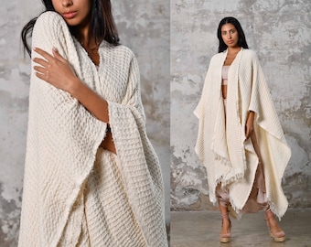 Festival Poncho Off-White Handgewebte Baumwolle Gemütlicher Poncho Überwurf Boho Poncho Strickjacke Frauen Boho Göttin Poncho Beige Natürliche Robe