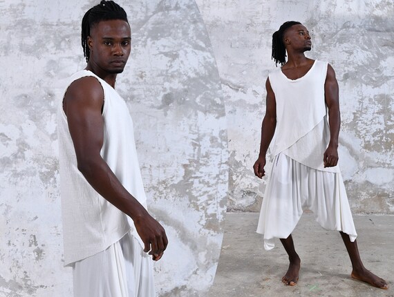 Gazi White Mens Tank Top , Tribal Menswear , Sleeveless Earthy Boho Men Top, Handmade Natural Cotton, Shamanic Tribal Festival Ritual Gazi White Mens Tank Top , Tribal Menswear , Sleeveless Earthy Boho Men Top, Handmade Natural Cotton, Shamanic Tribal Festival Ritual