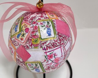 Mahjong Decoupaged Unbreakable Christmas Ornament in Pastel Colors with Pink Bow. Approx. 3.5 inches.