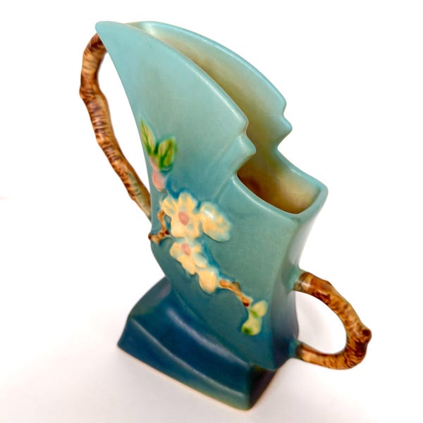 Authentic vintage Roseville Pottery Apple Blossom ewer, shape 373-7, in the sought-after blue glaze