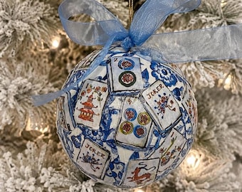Mahjong Christmas ornament, Chinoiserie, 3.5 inch bauble, paper mache, unbreakable, hand decorated and each one unique, mahjong gift