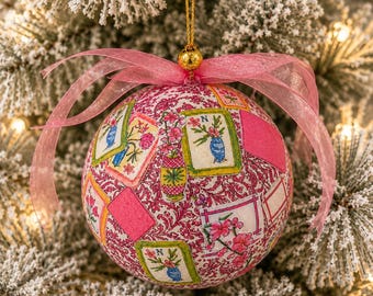 Mahjong Decoupaged Unbreakable Christmas Ornament in Pastel Colors with Pink Bow. Approx. 3.5 inches.