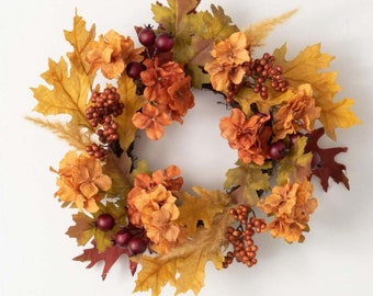 Accent Wreath for Fall, Hydrangea Pampas Berry Leaf Indoor Fall Wreath Centerpiece Candle Ring Fall Table, Kitchen Dining Indoor Wreath