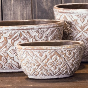 Concrete Oval Planter | Concrete Planter w/ Drainage Hole | Low Bowl Planter | Old World French Country | Tuscan Style Botanical Supply