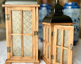 Pressed Glass Panel Wood and Metal Candle Lantern Set of 2