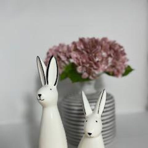 Black and White Rabbit Figurines, Ceramic Bunny Centerpiece, Spring Mantle Decor, Easter Tabletop Decor