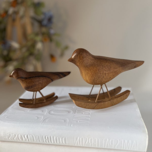 Bird Figurine Set 2, Faux Wood Bird on Rocker Base, MCM Inspired Decor Object , Party Decor, Bird Love Gift, Shelf Styling, Home Staging