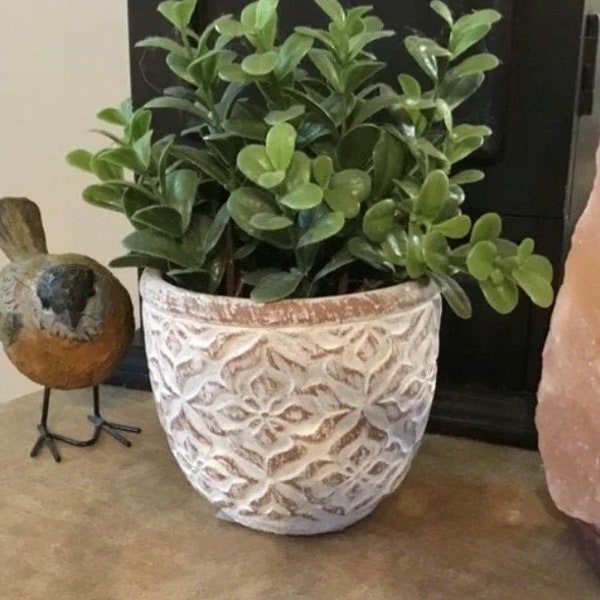 Floral Motif Concrete Planter with Drainage Hole | Cement Planter | 5 inch Plant Pot | Old World | Tuscan | French Country