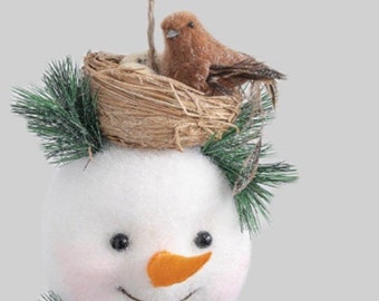 8 Inch Snowman with Bird Ornament, Bird in Nest Christmas Ornament, Wreath Adornment Attachment, Winter Woodland Party Christmas Decor