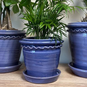 Blue Ceramic Planter w/ Tray, 6.5" 7.25" 8.75" Glazed Pottery for Plants,  French Cottage Farmhouse, Plant Styling, Tuscan Pot, Garden Gift
