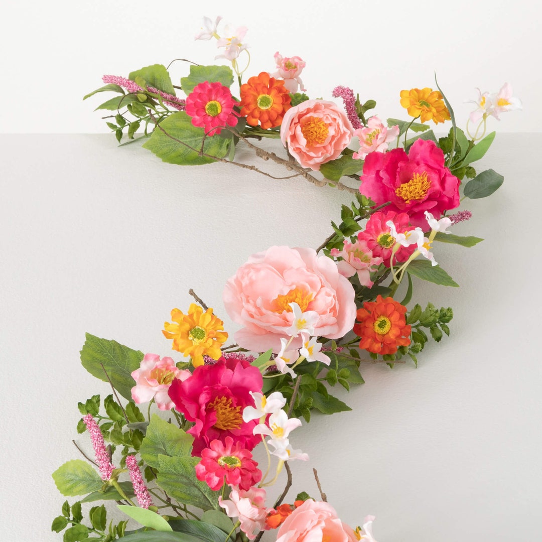 Artificial Floral Garland Peony Zinnia Wildflower Mantle Etsy