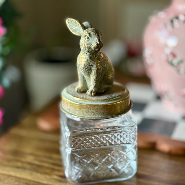 Glass Canister w/ Rabbit Figurine Lid, Collectible Home Accent