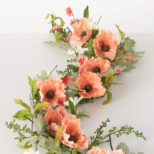 Spring Garland, Artificial Poppy Wildflower Garland, Easter Floral Table Garland, Garden Party Decor Gift, Coral Peach Poppy, Wreath Supply