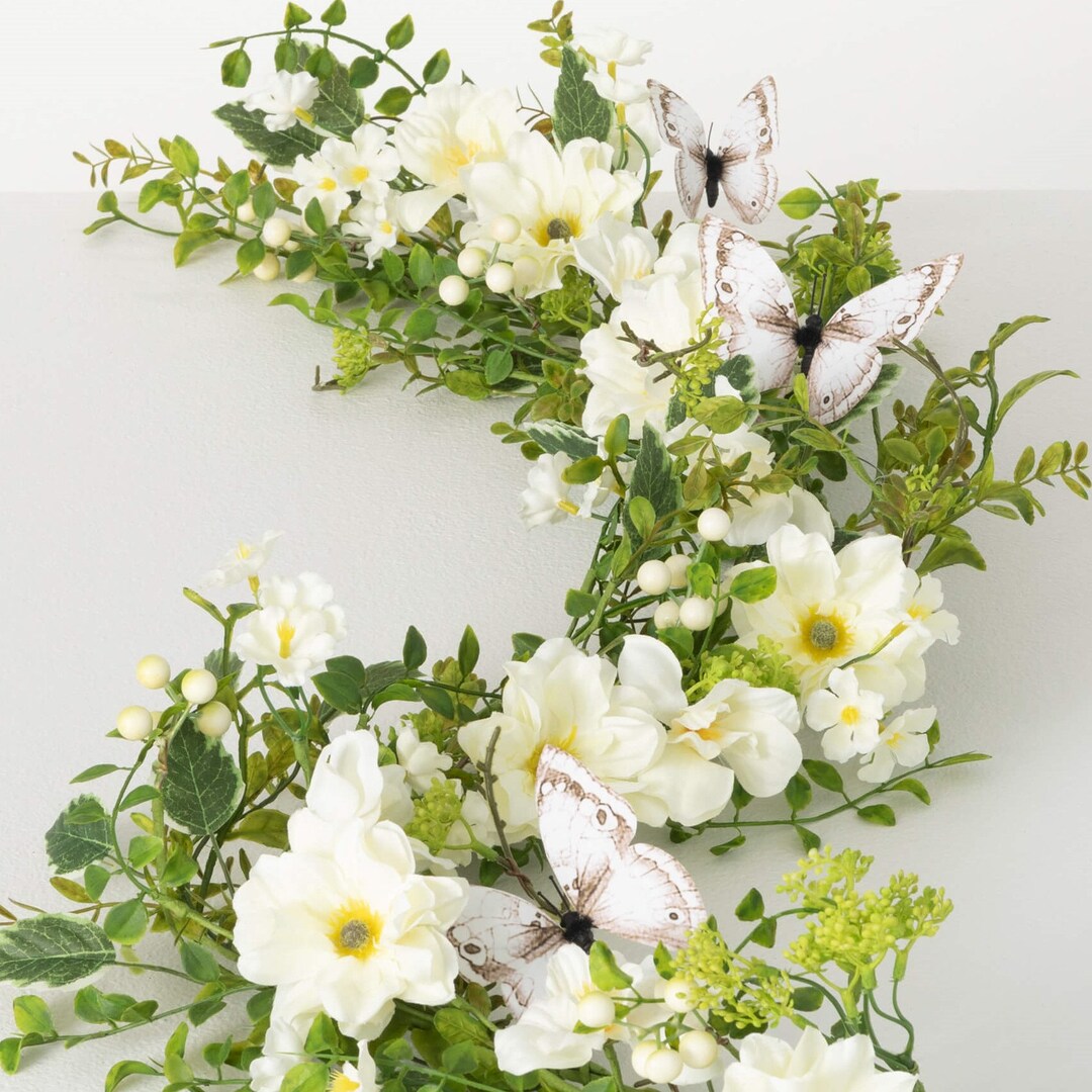Dahlia Spring Garland, Green and White Faux Garland, Artificial Summer ...