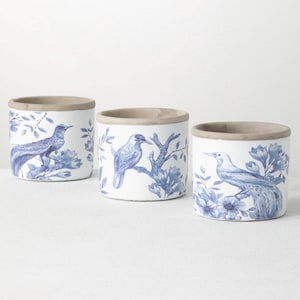 White Planter with Blue Floral Bird Pattern, 5.5" Plant Pot w/ Drainage, Blue Bird and Flowers Garden Herb Pot, Nature Bird Decor Plant Gift