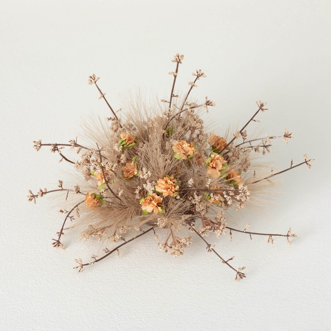 Faux Pampas Grass Floral Half Sphere, Fall Vase Bowl Filler, Earthy