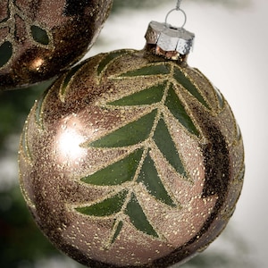 Set 6 Glass Botanical Woodland Ornament, Christmas Tree Ornament, 4 Inch Metallic Brown Gold Green Glass Bauble, Plant Lover Gift