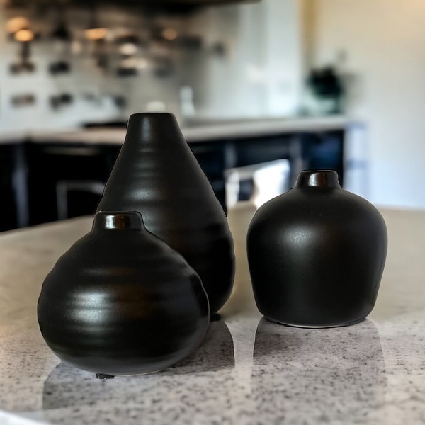 Matte Black Ceramic Vase Set of 3 Petite Bud Vases Decor, Shelf Decor Objects Aesthetic, Kitchen Island Decor, Bathroom Decor, Office Decor