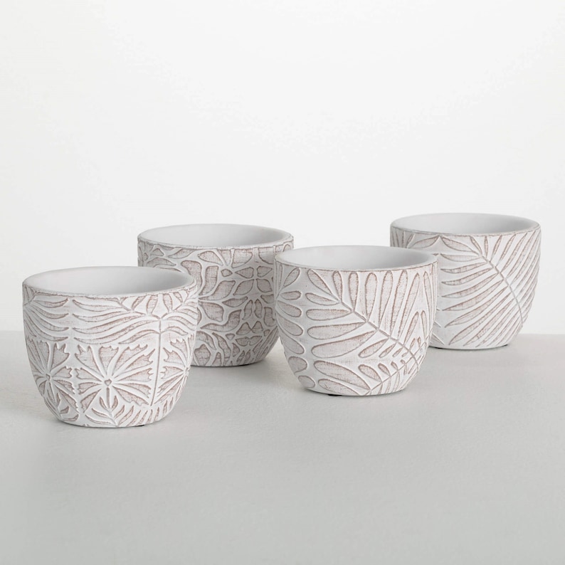 Set of 4 Etched Planters, Whitewashed Concrete Planter, Small Plant Pot Set, Herb Pot, Succulent Planter, Planter Gift Set
