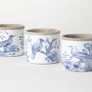 Blue and White Planter w/ Drainage, English Country Decor, Blue Floral and Bird Concrete Plant Pot Garden Gift, Blue White Accent Decor