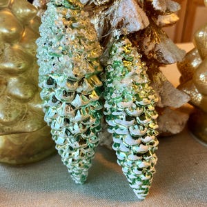 8" 6" Snowy Pinecone Glass Ornament Set of 2 Sage Mint Light Green Flocked Pinecone Christmas Tree Decorating