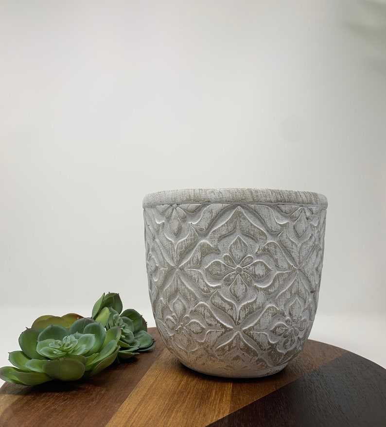 Whitewashed Floral Motif Concrete Planter With Drainage, 6 Inch, 7 Inch