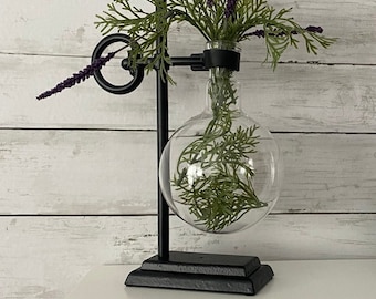 Glass Tube Bottle Flask Beaker Vase with Black Iron Holder | Industrial Office Library Mantle Shelf Fall Winter Decor | Floral Supply