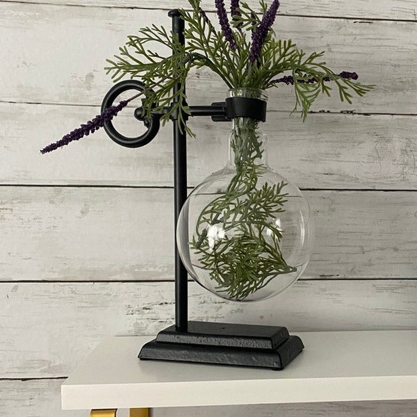 Glass Tube Bottle Flask Beaker Vase with Black Iron Holder | Industrial Office Library Mantle Shelf Fall Winter Decor | Floral Supply