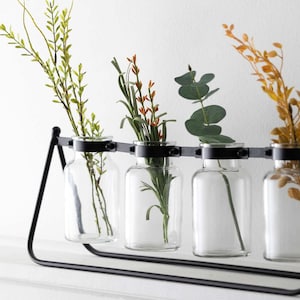 17" Long Glass Bottle Vase w/ Stand, Industrial Decor, Tablescape Flower Vase, Office Decor, Tabletop Centerpiece, Table Runner, Mantlescape
