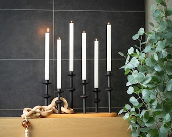 Iron and Wood Candle Centerpiece, Modern Industrial Candelabra, Mantel Dining Decor