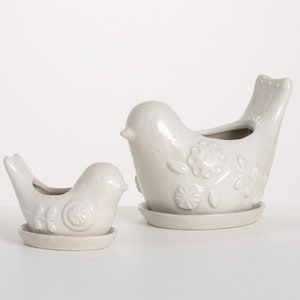 Ceramic Planter with Saucer Tray, Bird Figurine Garden Planter, Folk Art Whimsical Decor
