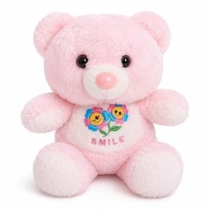 Può includere: Un orsacchiotto di peluche in morbida pelliccia rosa chiaro con occhi scuri e rotondi e un naso liscio rosa chiaro. Il centro del petto presenta un disegno ricamato di due fiori blu e rosa con facce sorridenti e la parola SMILE sotto.