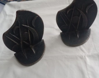 Vintage Moon Music Note Bookends (2) Cast Iron Abstract Art Deco 4" X 3.5"