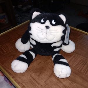 Può includere: Un peluche a forma di gatto bianco e nero con un volto sorridente, zampe bianche e gambe a strisce. Il peluche è appoggiato su una superficie di legno marrone. Un'etichetta è attaccata al giocattolo.