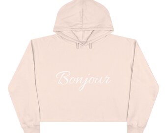 Bonjour Chic Comfort: Stylish Crop Hoodie with Comfy Three-End Fleece - Relaxed Fit, Raw Bottom Hem