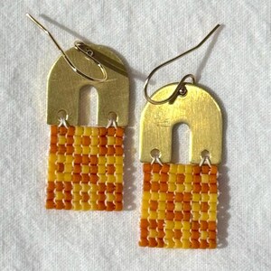 Textile Inspired Earrings – Seed Bead Quilt Square Earrings – Brass Horseshoe Charm