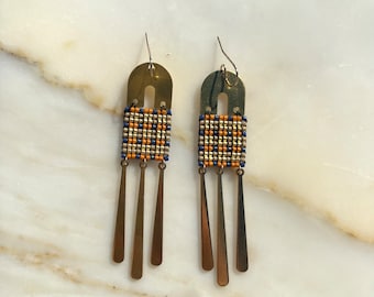 Handmade Beaded Drop Earrings with Gold Raw Brass - Handmade Beaded Jewelry - Brass Earrings - Statement Earrings