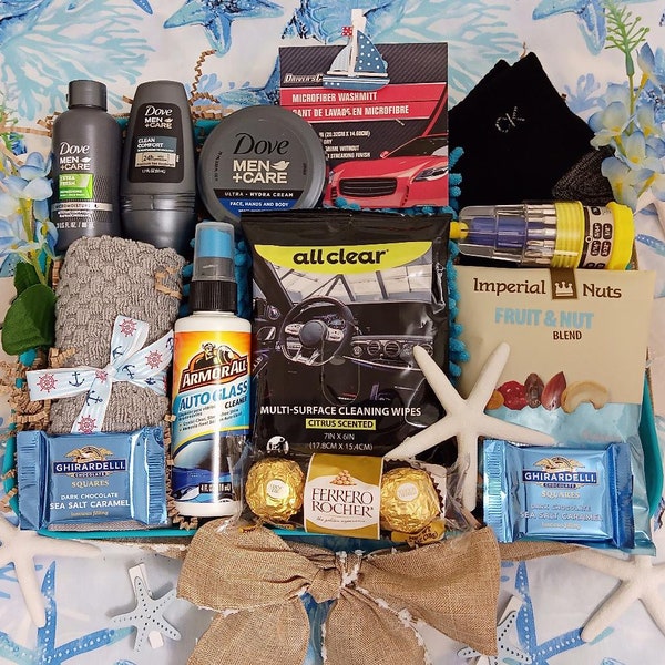 Men's Husband Boyfriend Gift Basket for Him Hamper Thank You Birthday Anniversary Dove Bath Body Face Spa Car Wash Ferrero Richer Chocolate