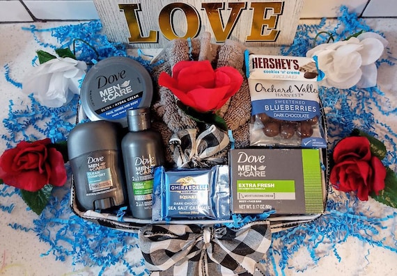 Father's Day Men's Boyfriend Birthday Any Occasion Love Dove Bath Body Spa Set Orchard Blueberries Chocolate Gift Basket for Him Hamper