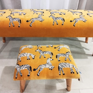 RARE NEW 2 Zebras Animal Zebra Print Velvet Ottoman Handmade Embroidered Living Room Decor Handcrafted